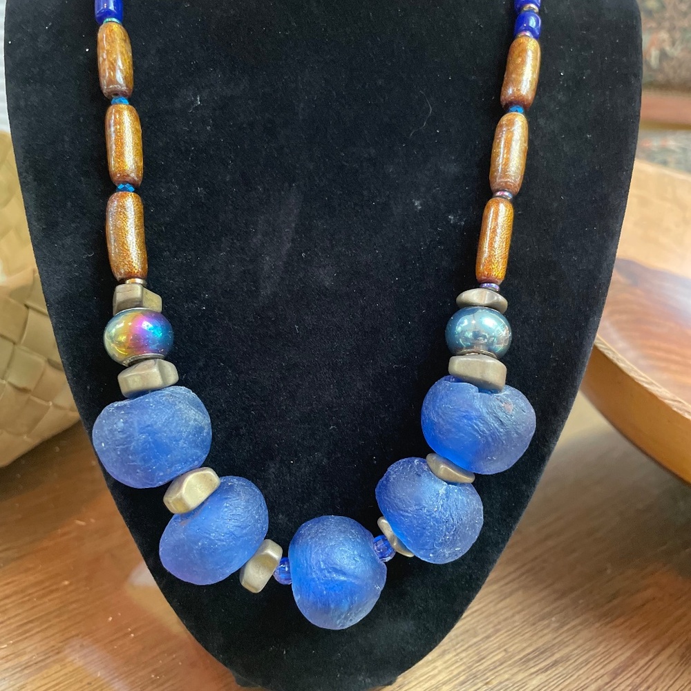Very interesting blue African glass beaded necklace with glazed glass beads
